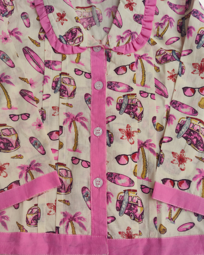 Girls Premium pink and beige cotton fabric frill pajama on white background