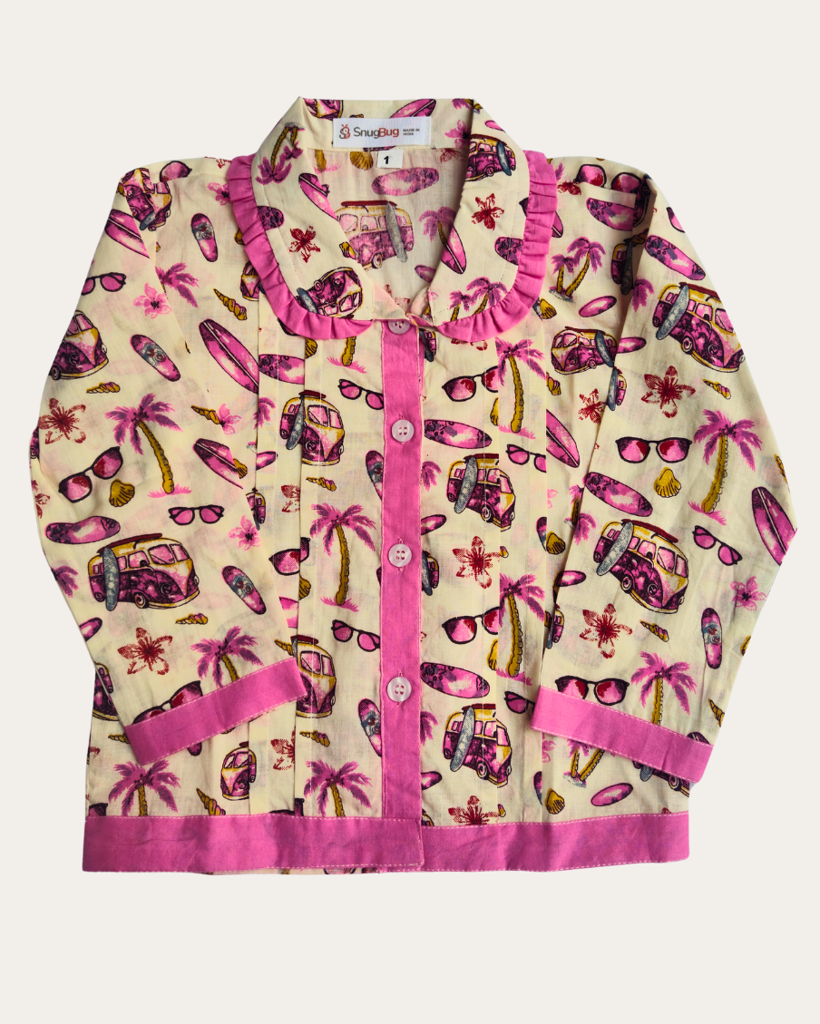 Girls Pink and Beige colorful Shirt with front open buttons and full sleeve on white background