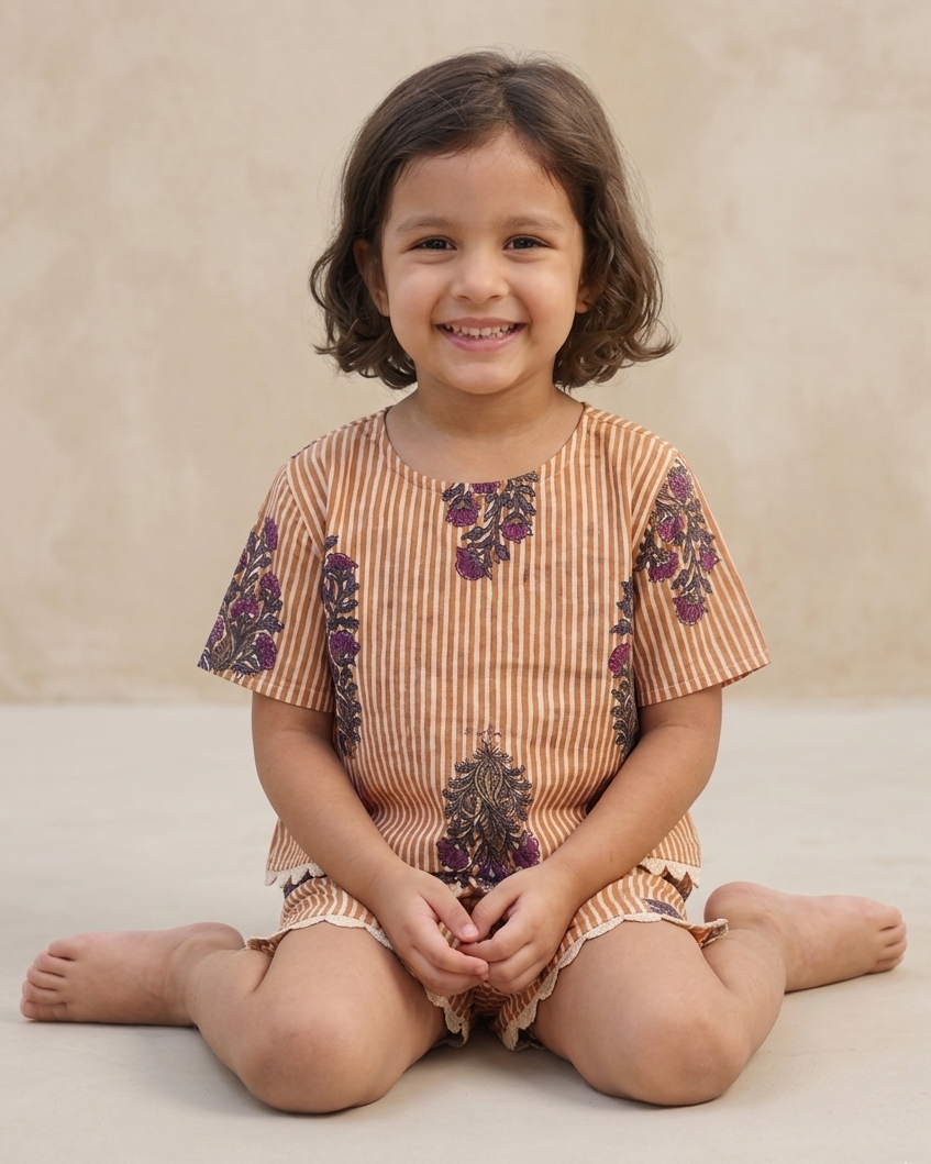 A girl is wearing the summer . pure cotton co-ord set, showing front design