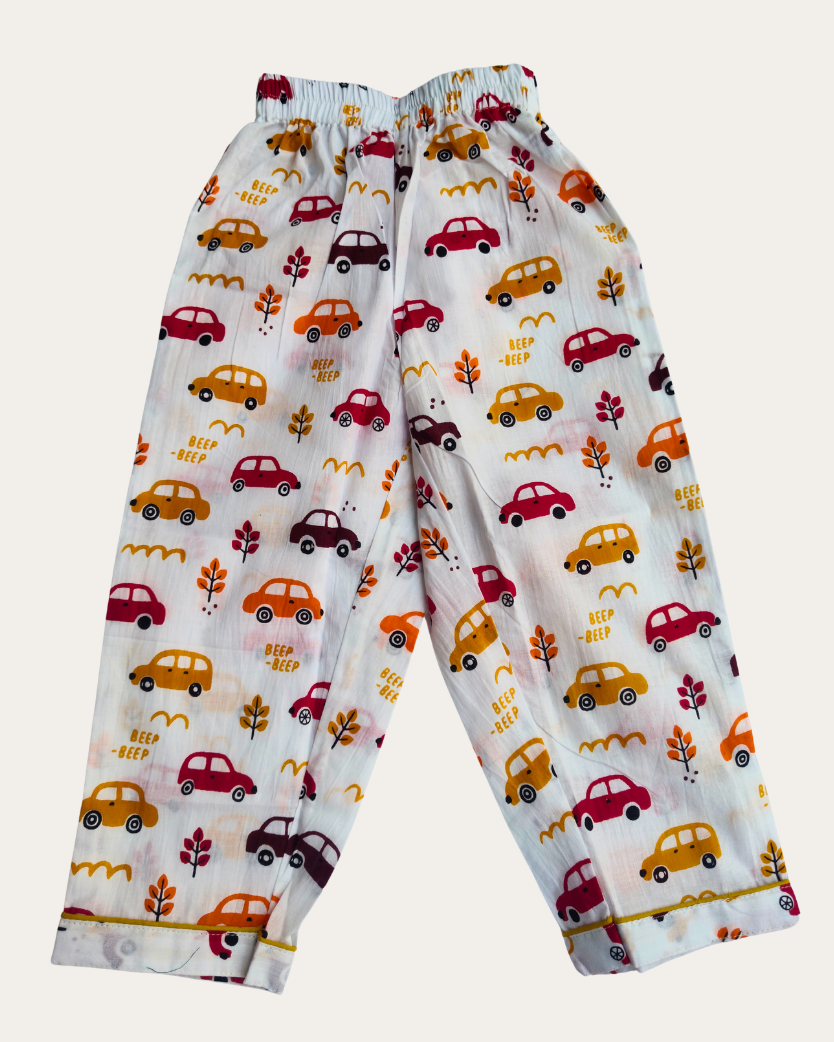 Kids Car Printed Elasticated White Pant in white background