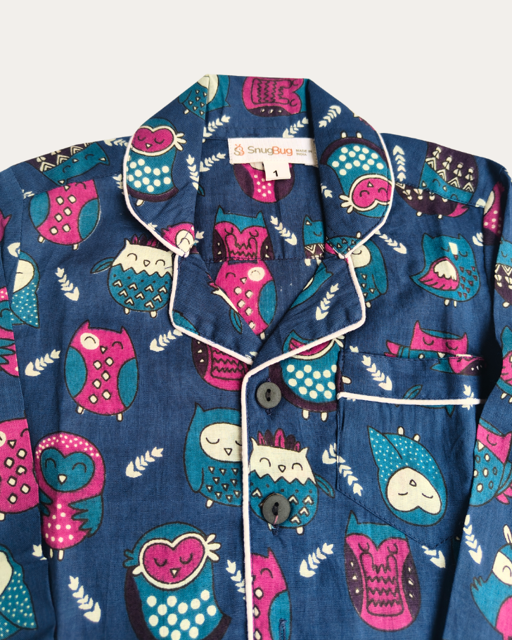 SnugBug Full Sleeve Blue Color Soft Pure Cotton Night Suit Set in beutiful owl print