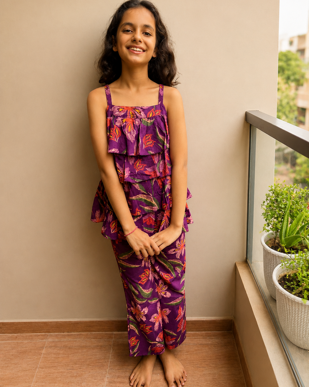 A young girl is wearing a purple strapped  sleeve top with matching pant, crafted from 100% cotton fabric from Aruvo, standing in a balcony