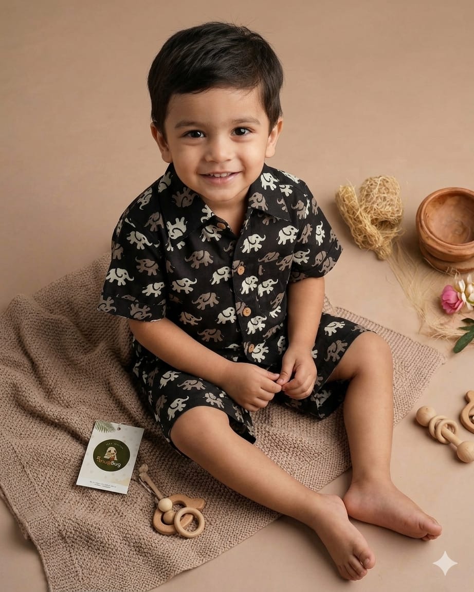 Boys Cotton Co-ord Set | Half Sleeve Elephant Shorts Set | Aruvo