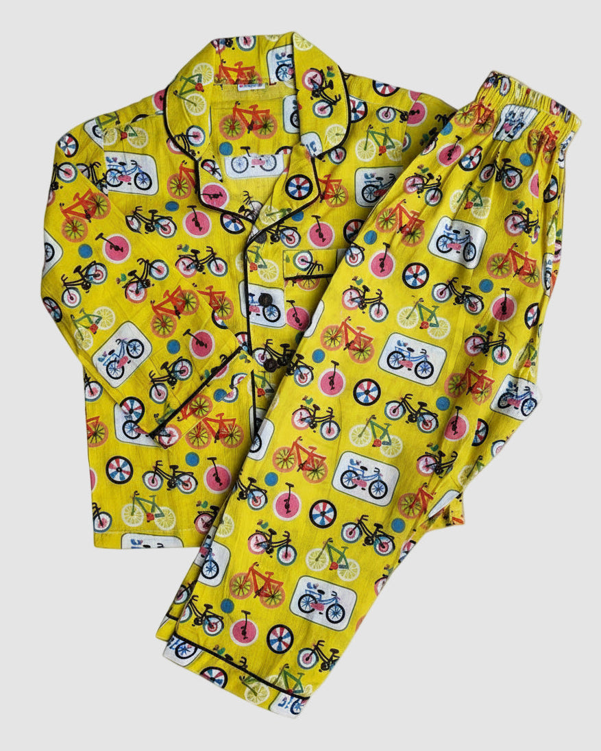 Kids Full Sleeve Yellow Color Cycle Printed Night Suit Set