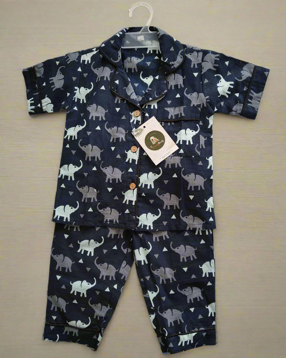 Kids Unisex Elephant Printed Half Sleeve Cotton Night Suit