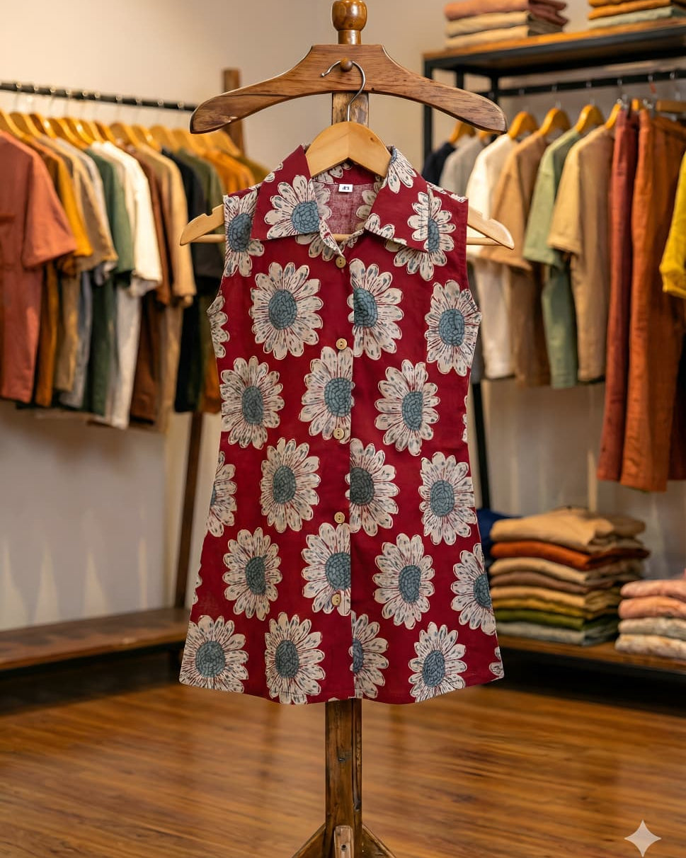 SnugBug Maroon daisy printed collared dress hanging on a wooden hanger