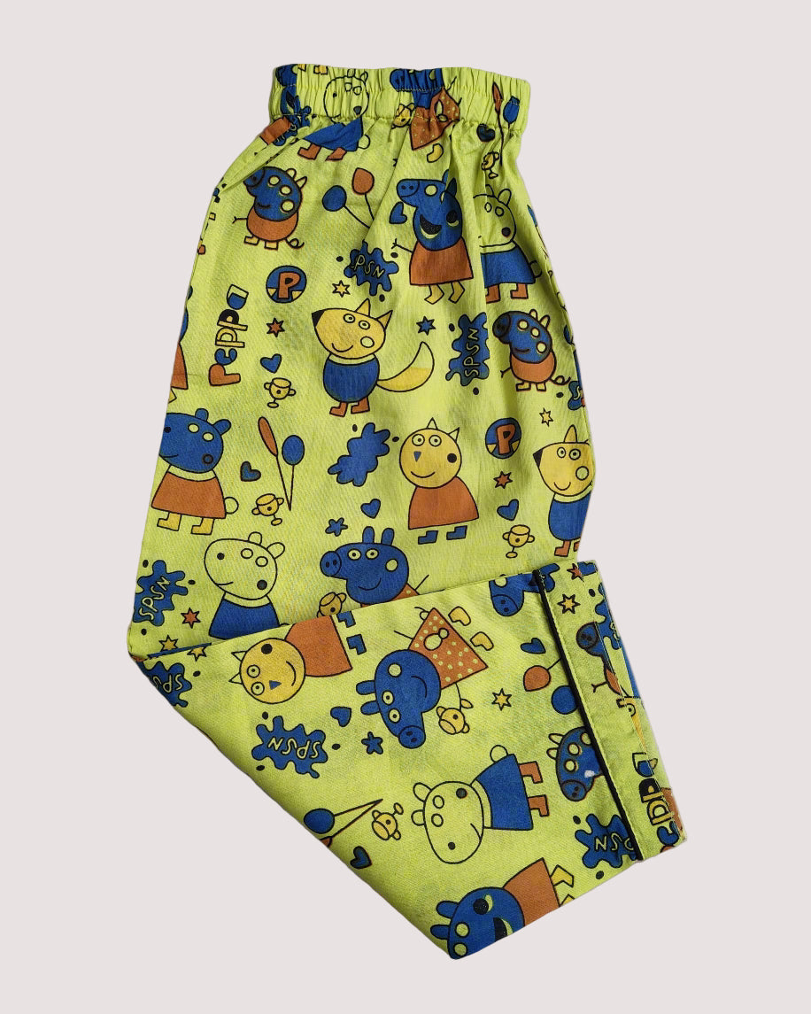 SnugBug Green Peppa Printed Full Sleeve Cotton NightSuit for boys and girls