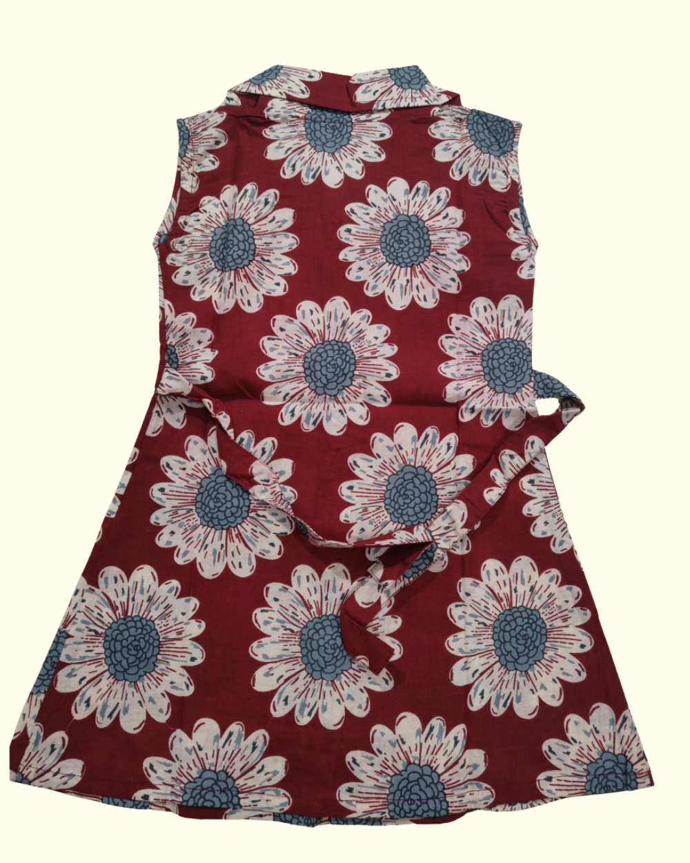 SnugBug Maroon daisy printed collared dress's back view