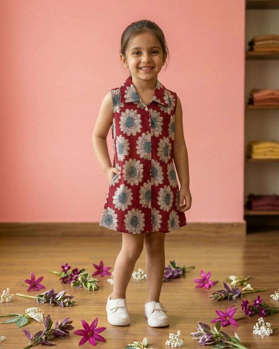 SnugBug Maroon daisy printed collared dress wore by a girl