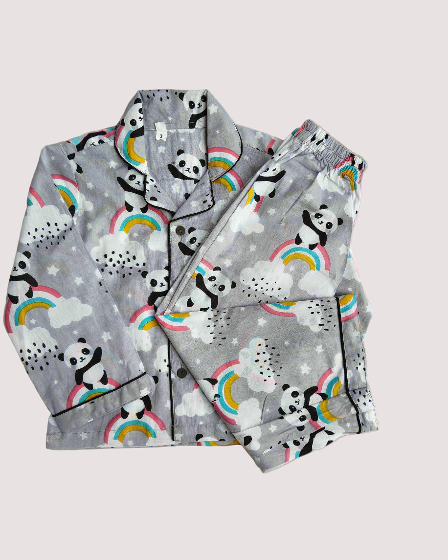 Unisex Kids Full Sleeve Panda Printed Cotton Night Suit Set