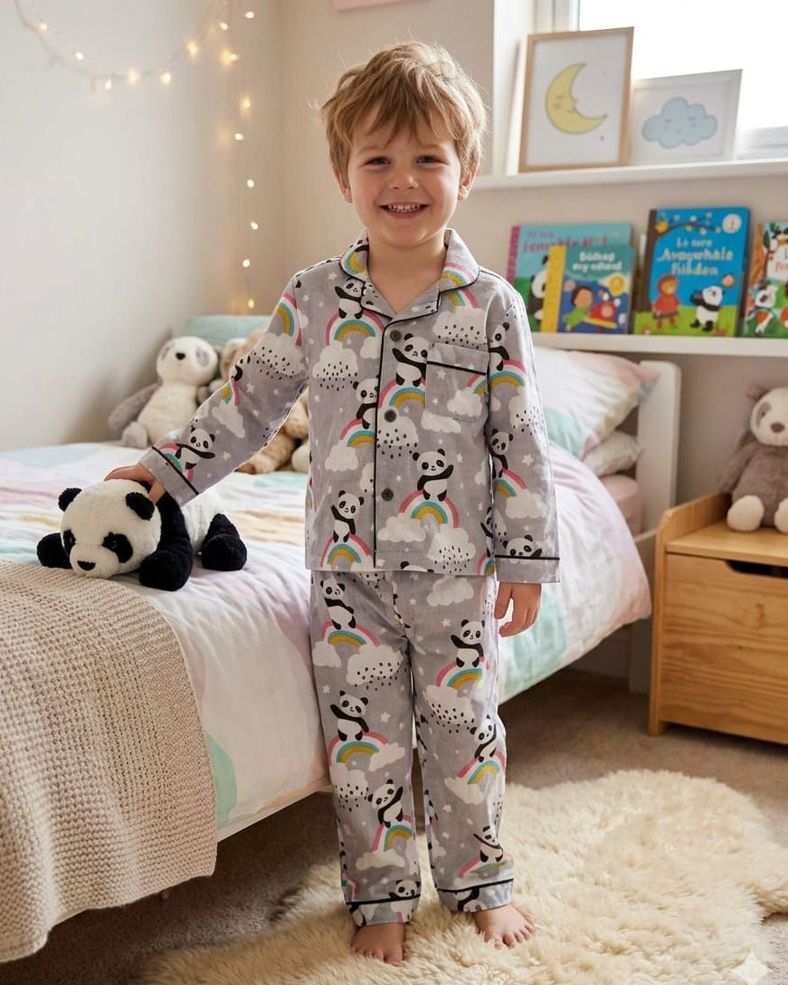 
A boy wearing Panda Printed Pure cotton full sleeve night suit set in grey color