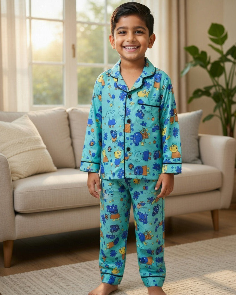 A boy wearing full sleeve peppa printed Pure cotton Night suit set