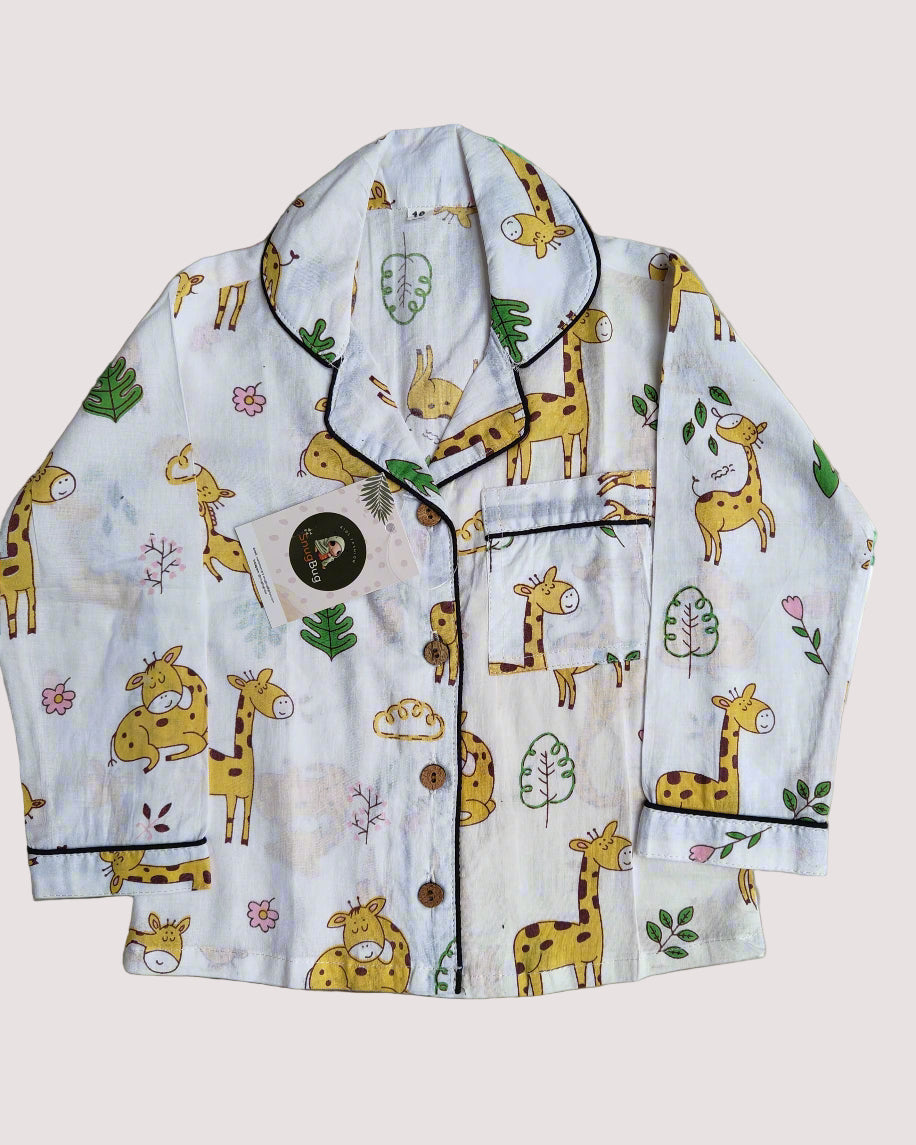 SnugBug White Giraffe Printed NightSuit  in pure cotton fabric for boys and girls