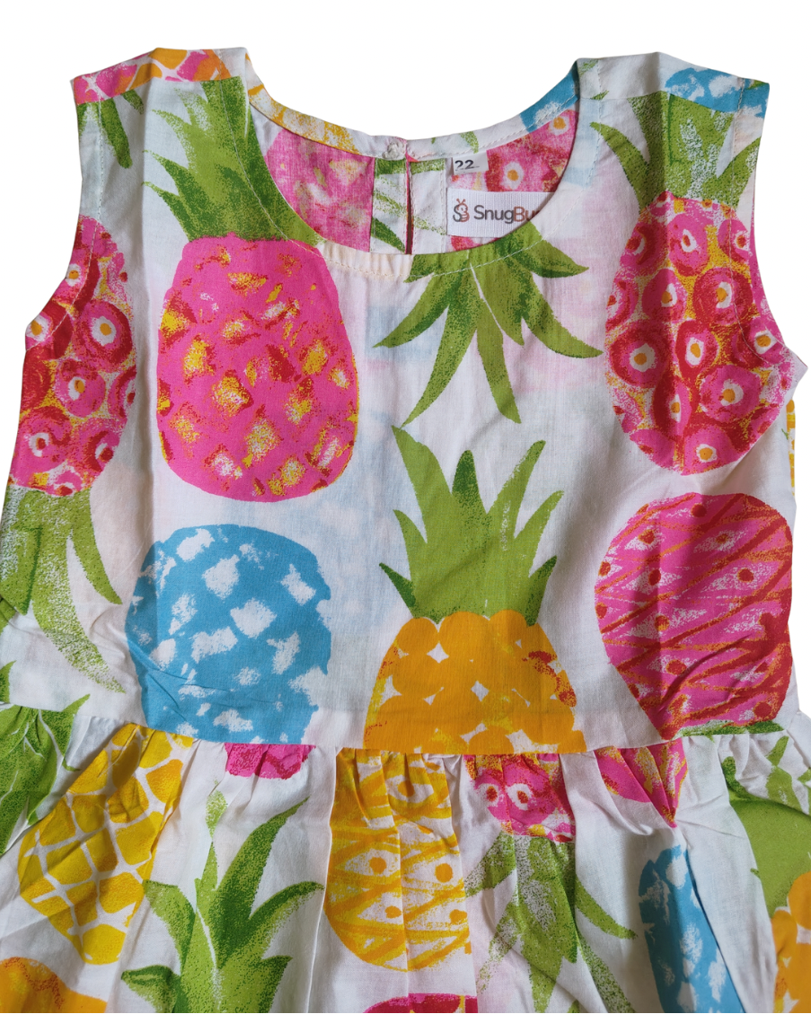 A girl wearing SnugBug's a Pure cotton fruit print summer dress 