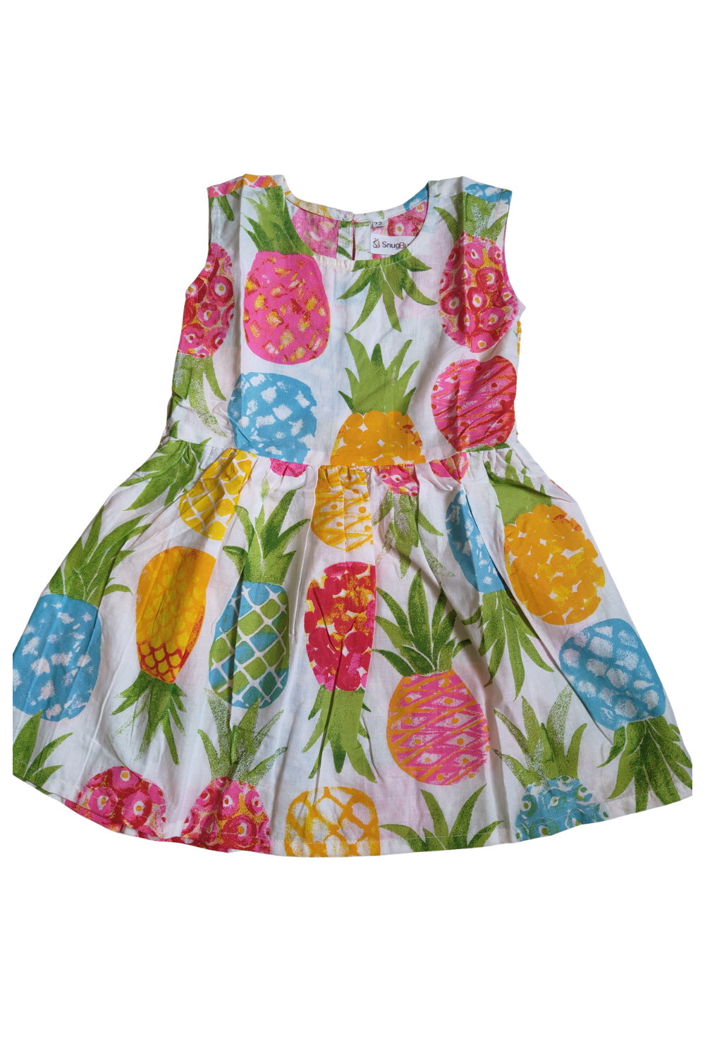 A girl wearing SnugBug's a Pure cotton fruit print summer dress 