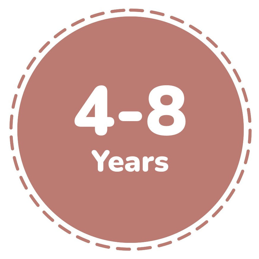 Brown circle with '4-8 Years' text on a white background