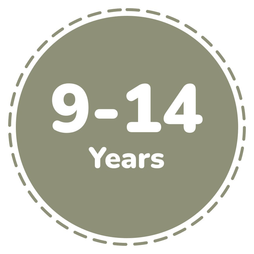 Age range label '9-14 Years' on a green circle with a white border.